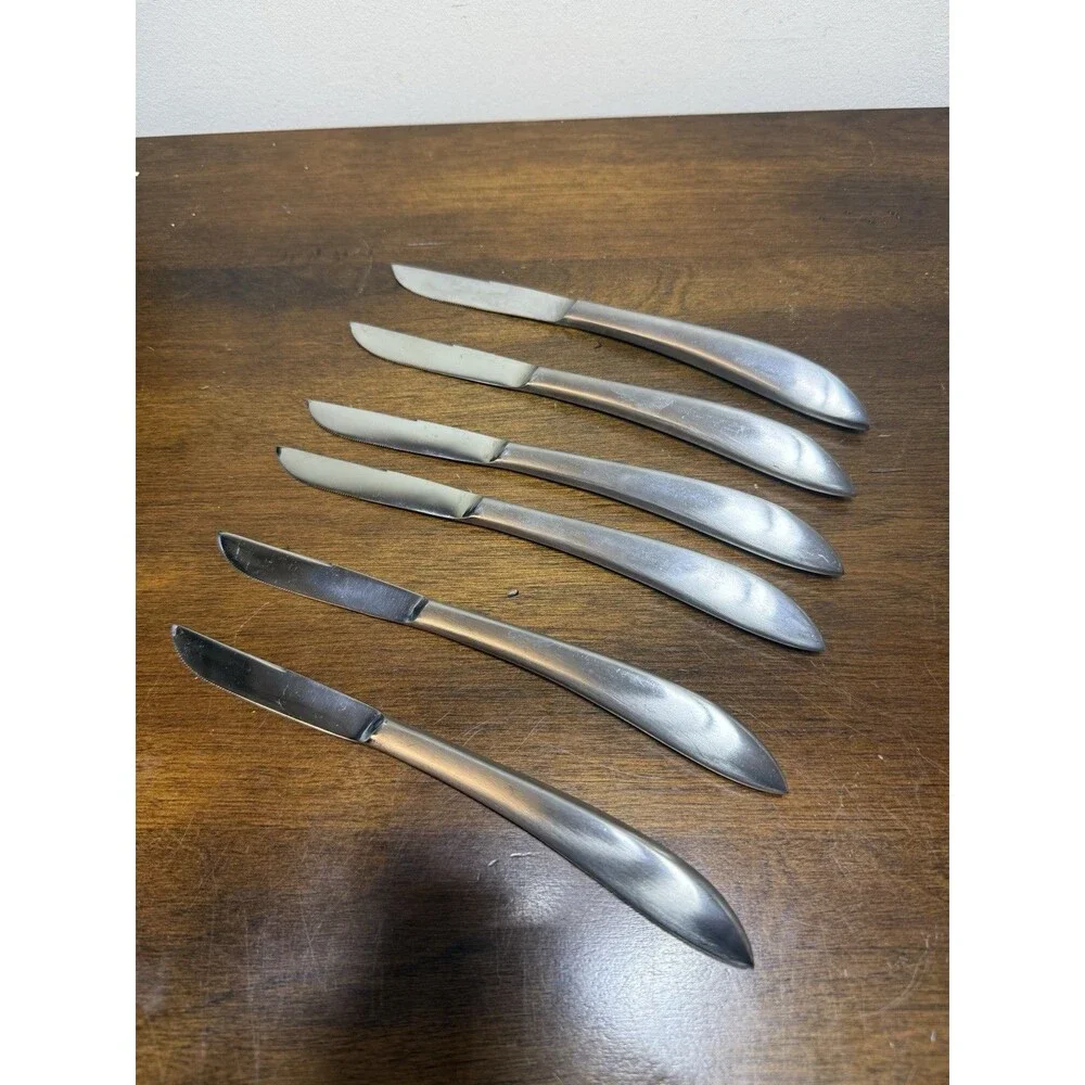 Vintage MCM Steak Knife Set 6pc Stainless Steel Oak Block Stand Curved Japan